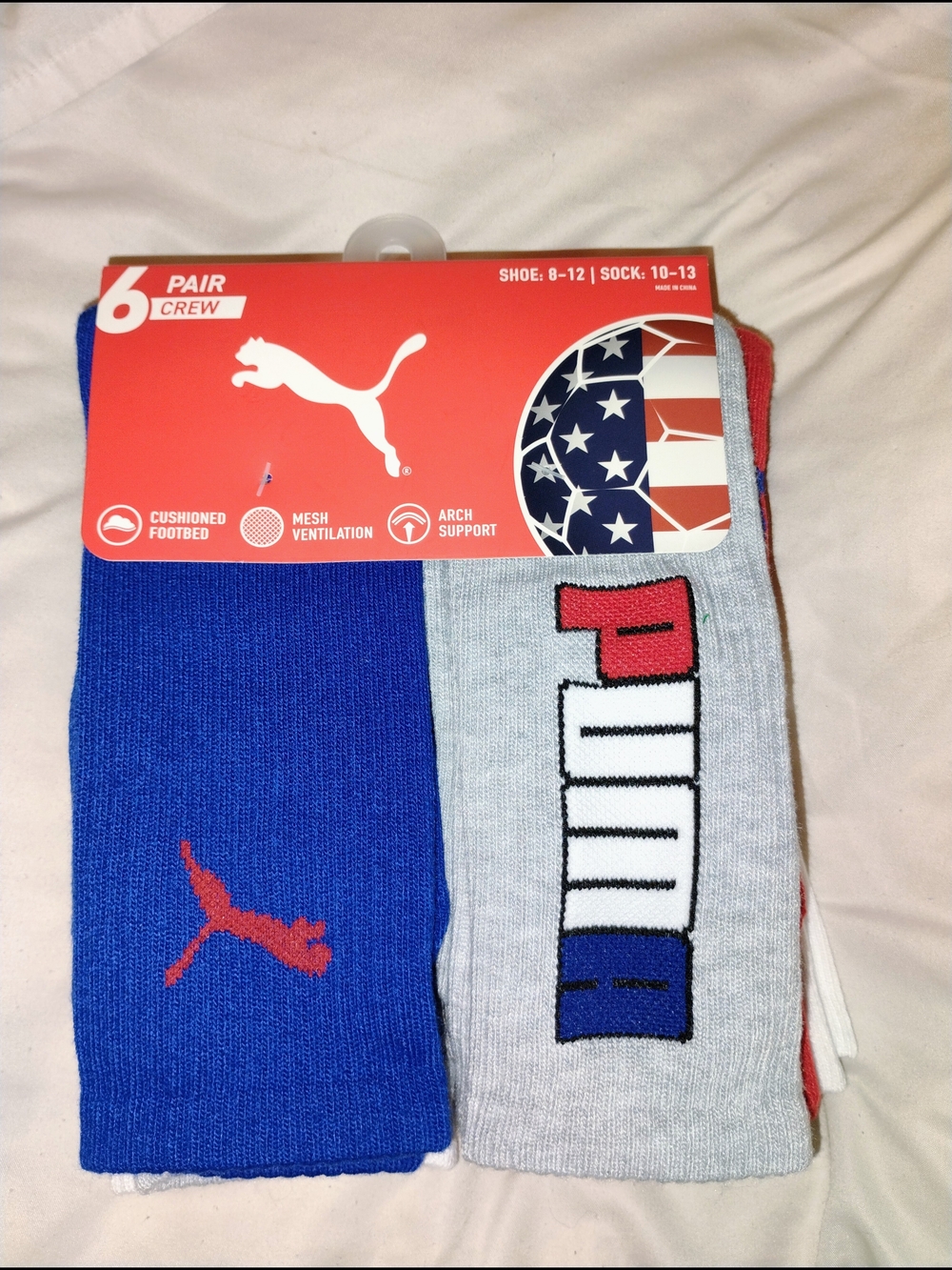 Puma Men’s 6-Pack Crew Socks – Blue, Gray, Red, White